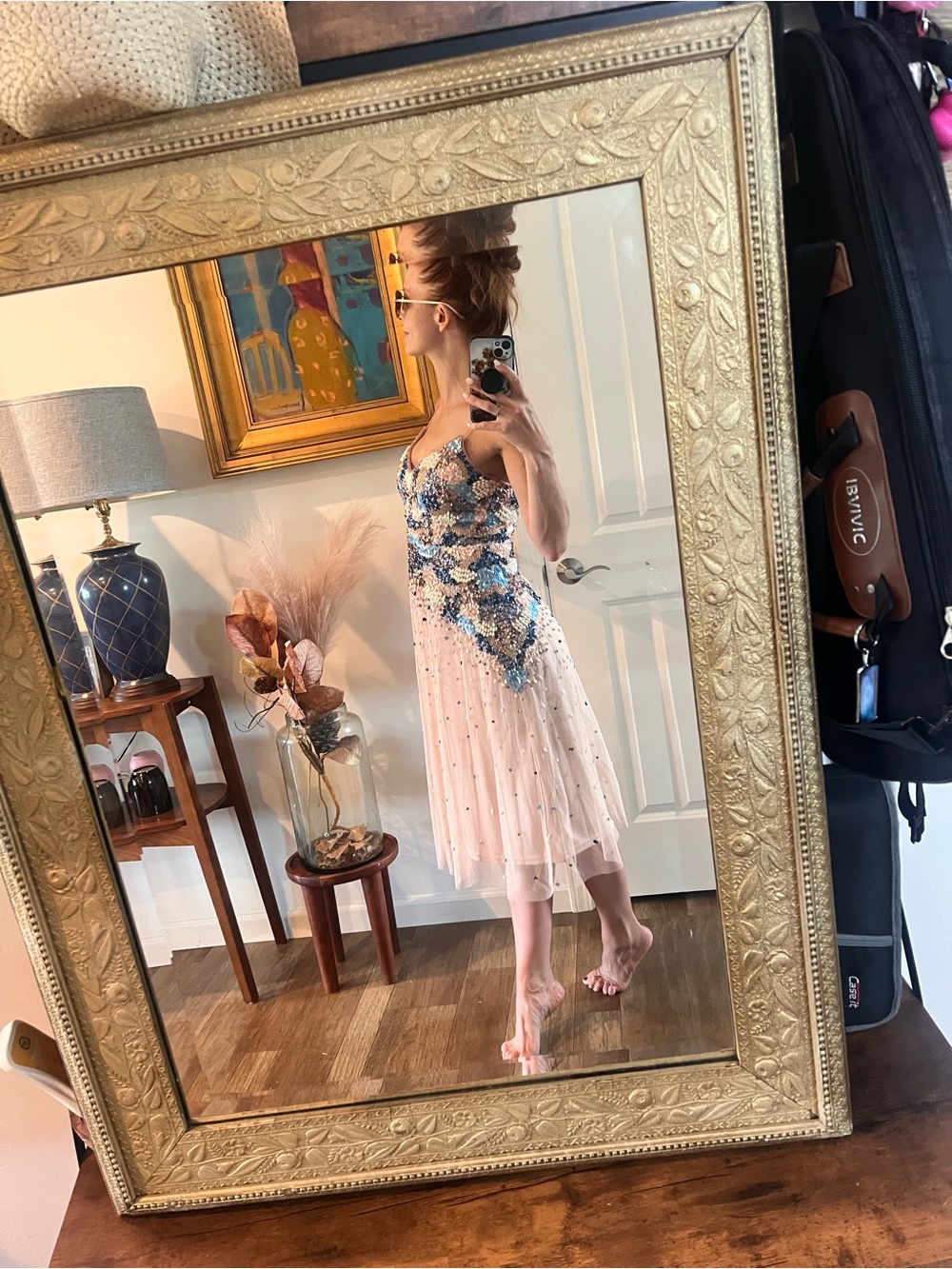 Aidan Mattox Sequin Embellished Tulle Midi Dress in Blush and Blue